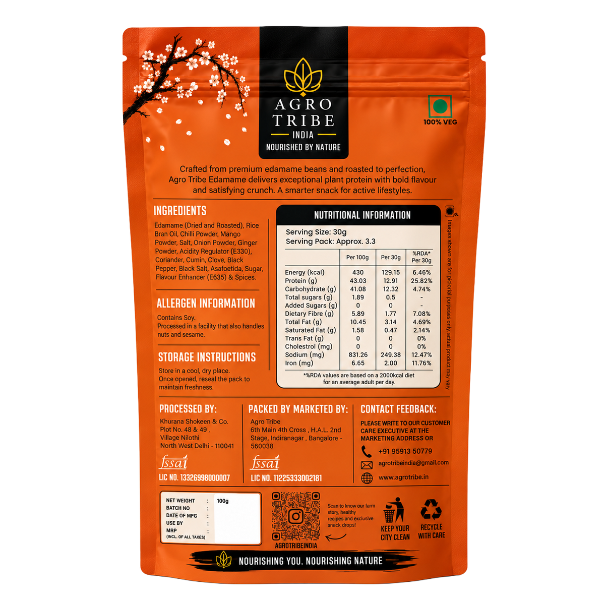 Agro Tribe Indian Flavour Edamame 100g back pouch