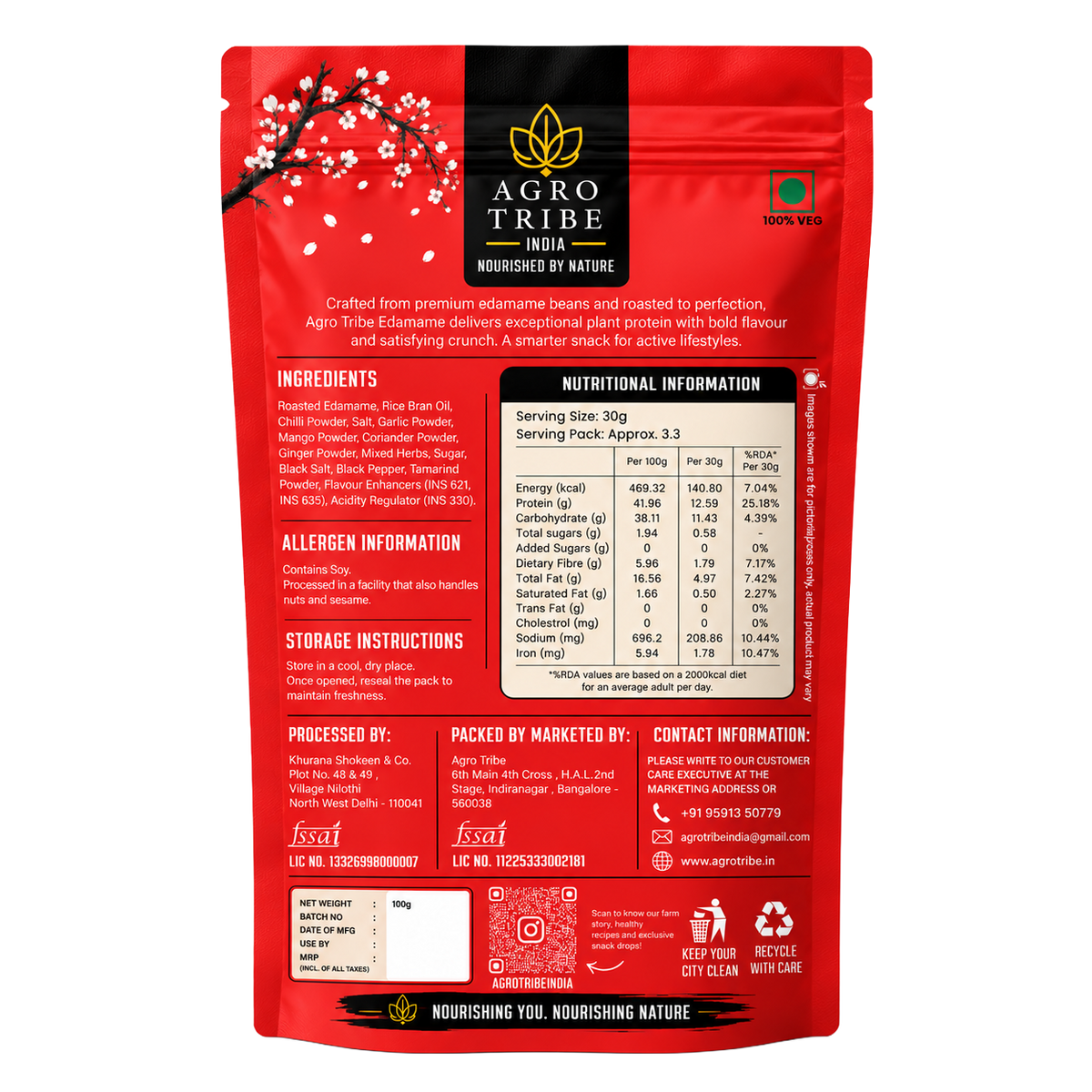 Agro Tribe Peri Peri Edamame 100g back pouch