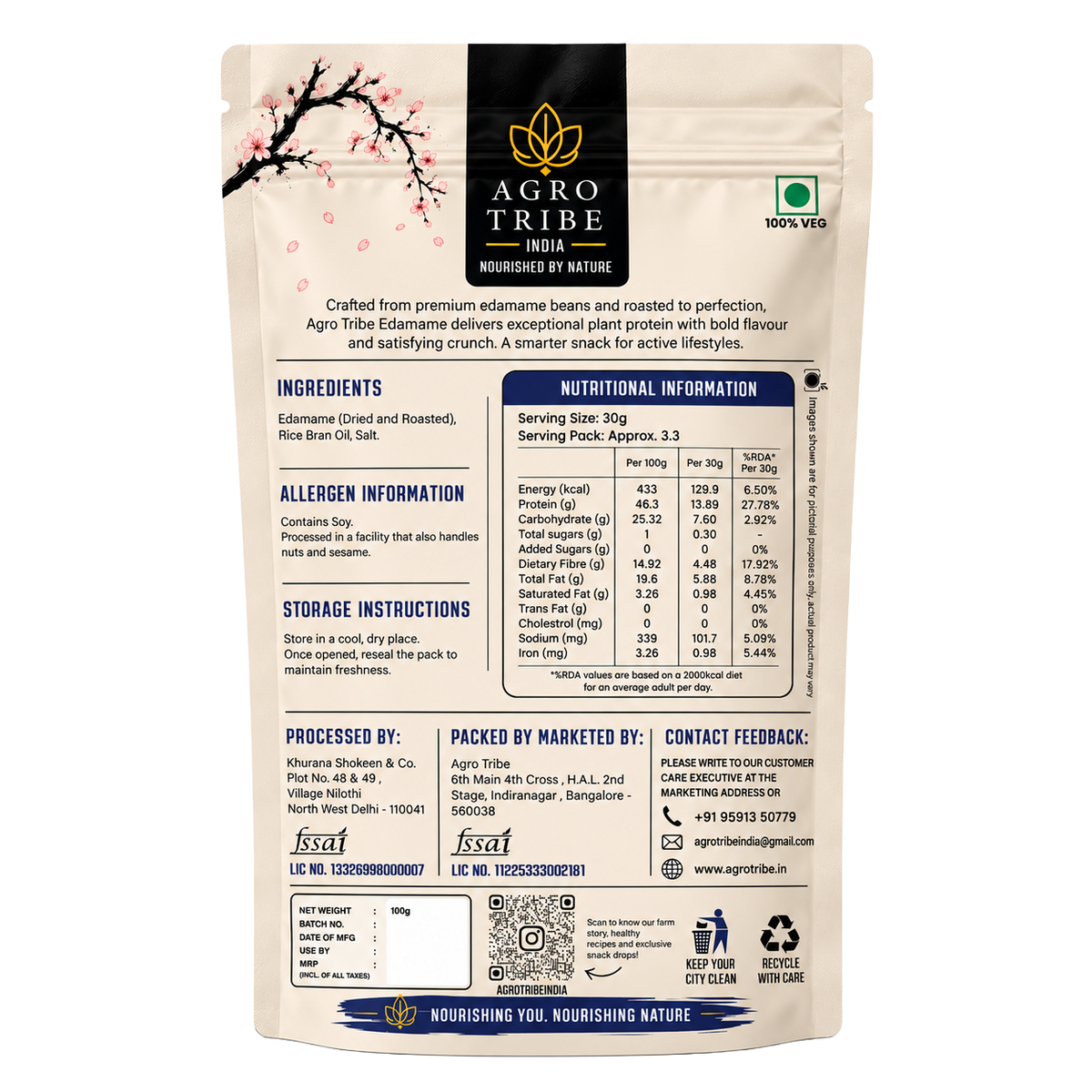 Agro Tribe Salted Edamame 100g back pouch