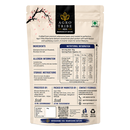 Agro Tribe Salted Edamame 100g back pouch