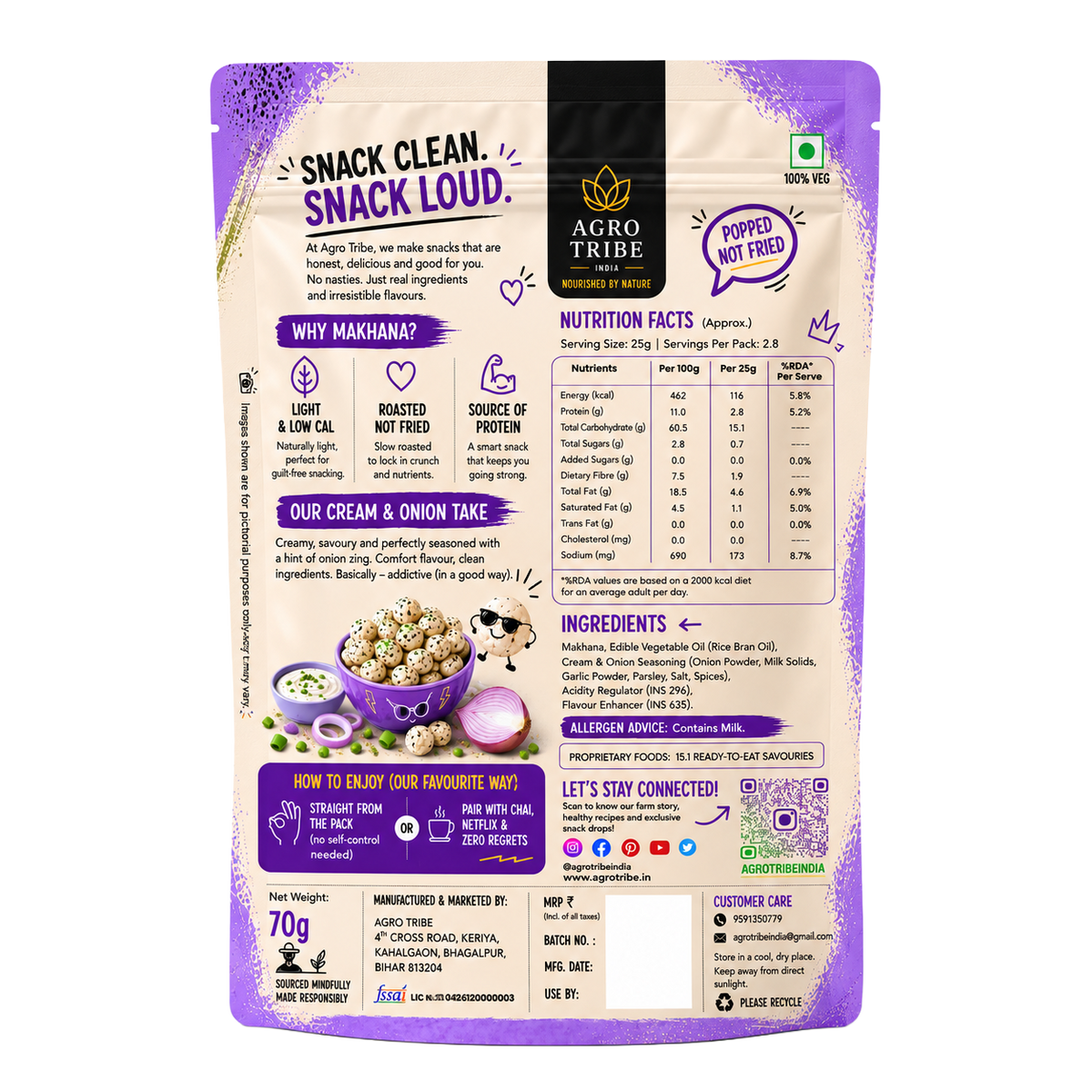 Agro Tribe Cream and Onion Makhana 70g back pouch