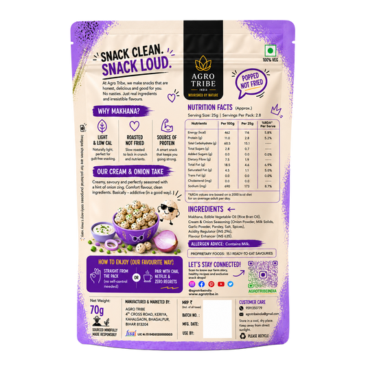 Agro Tribe Cream and Onion Makhana 70g back pouch