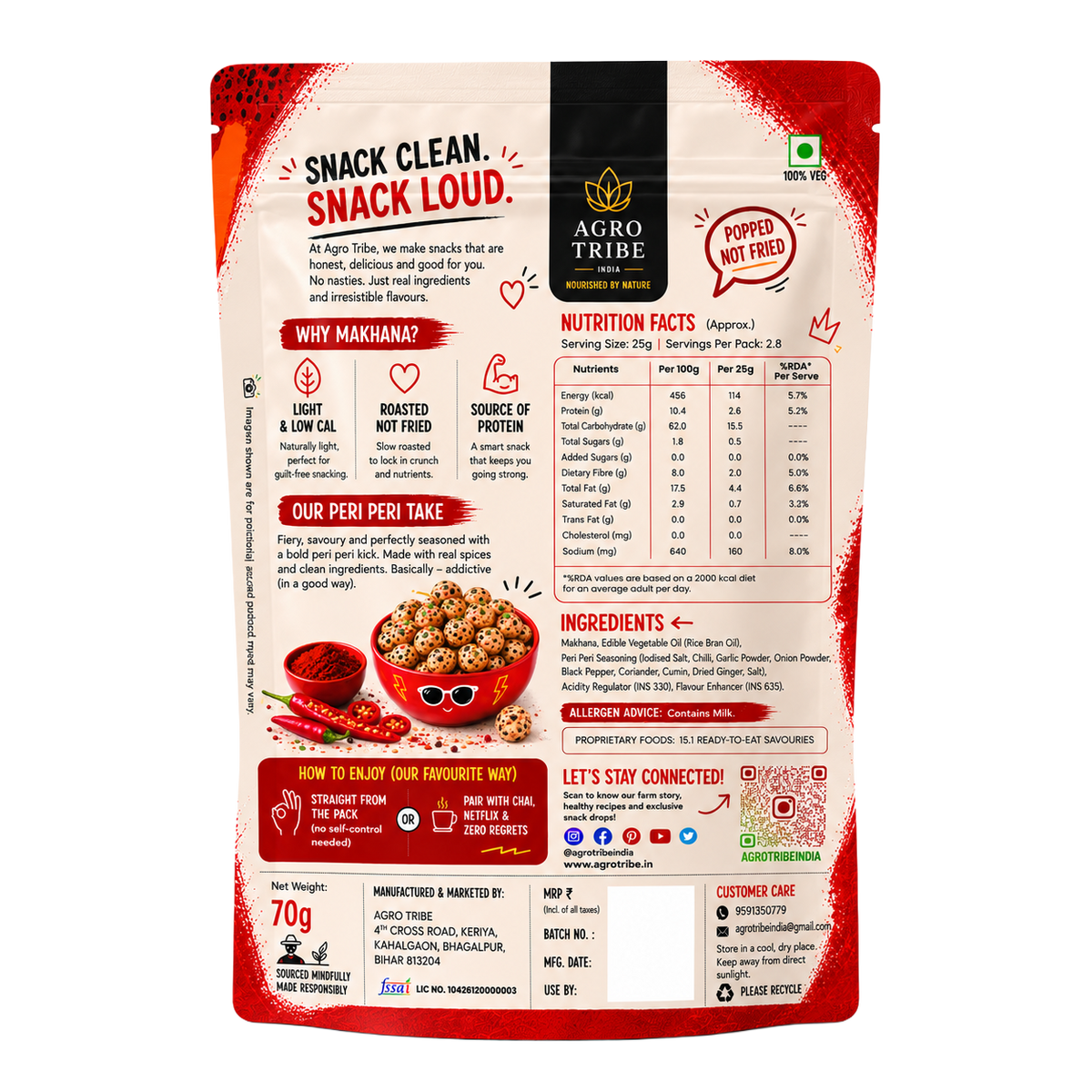 Agro Tribe Peri Peri Makhana 70g back pouch