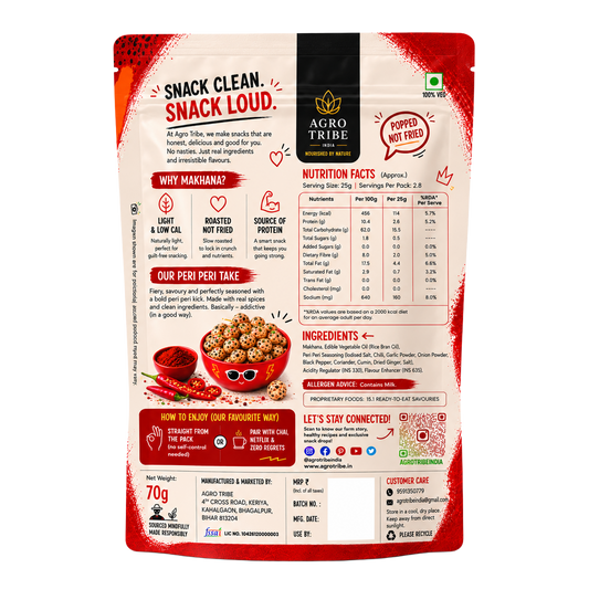 Agro Tribe Peri Peri Makhana 70g back pouch