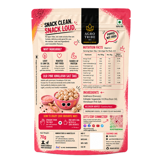 Agro Tribe Pink Himalayan Salt Makhana 70g back pouch