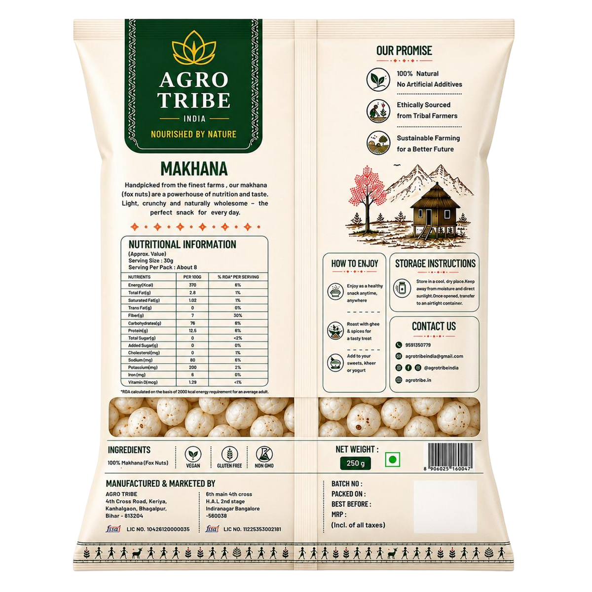 Agro Tribe Raw Makhana 250g back pouch