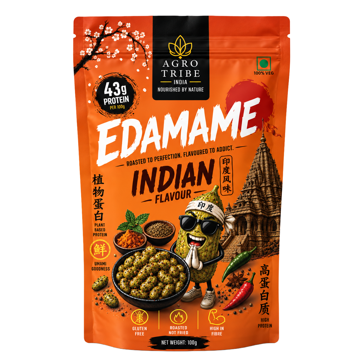 Agro Tribe Indian Flavour Edamame 100g front pouch