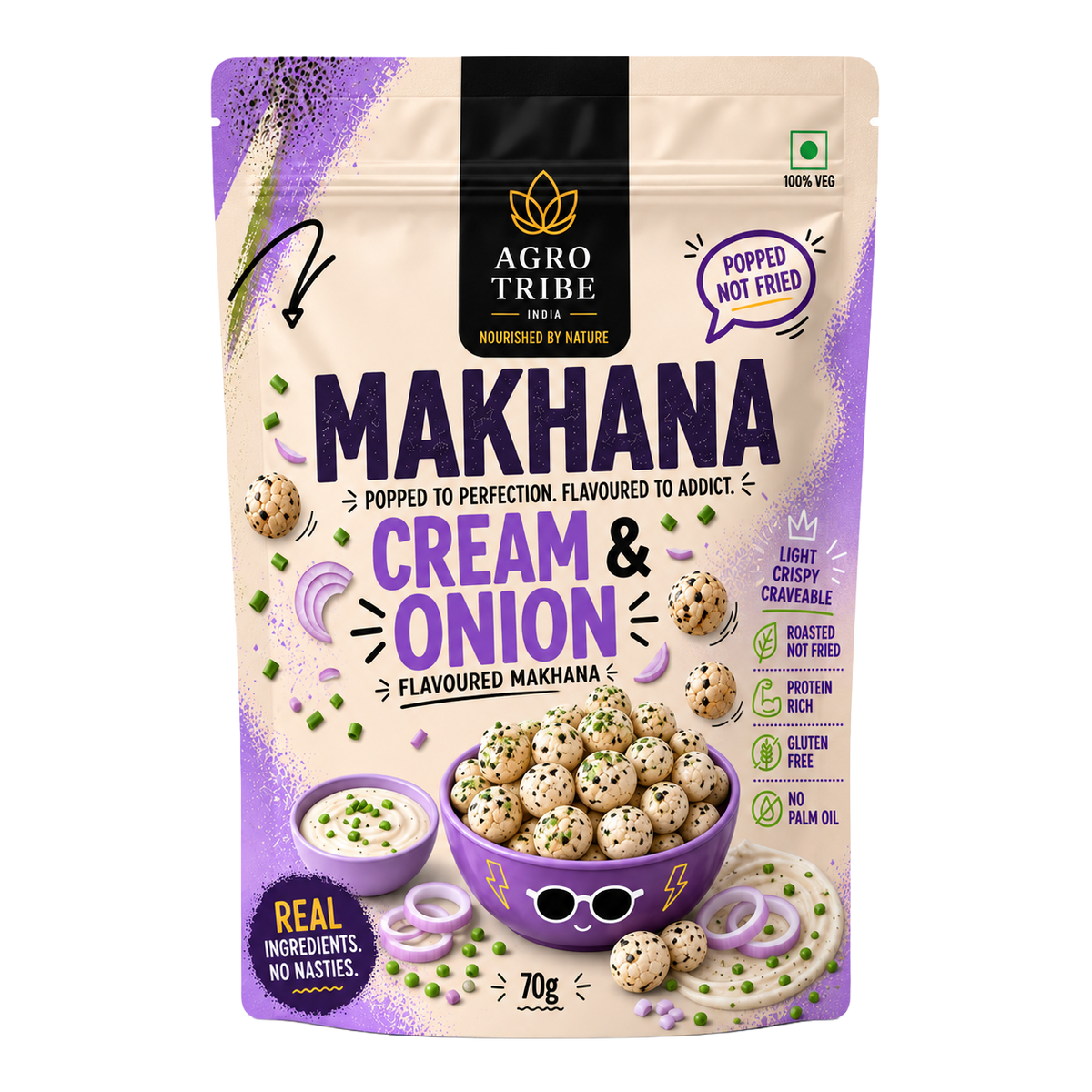 Agro Tribe Cream and Onion Makhana 70g front pouch