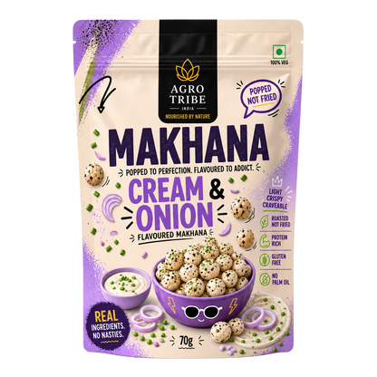 Agro Tribe Cream and Onion Makhana 70g front pouch