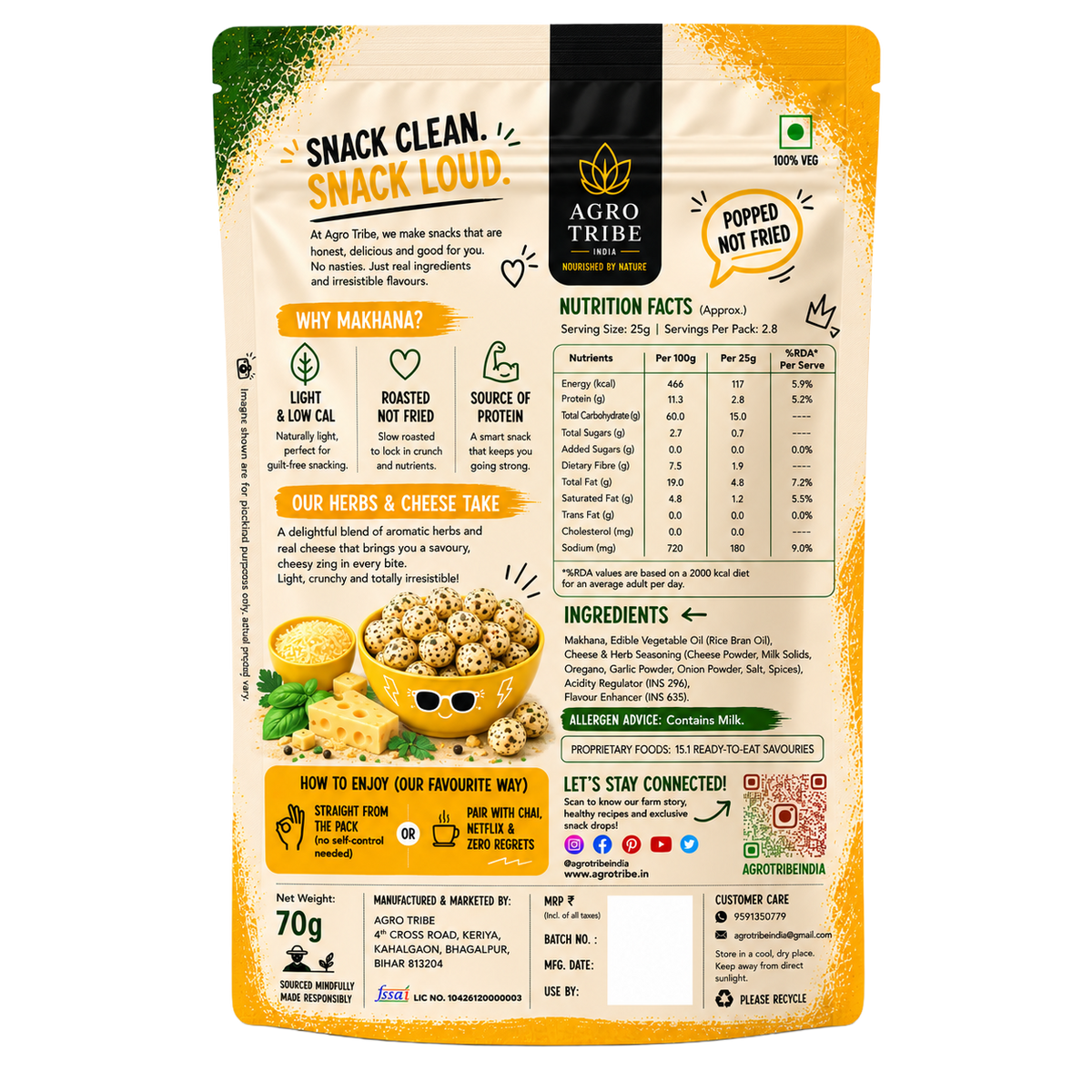 Agro Tribe Herbs and Cheese Makhana 70g back pouch