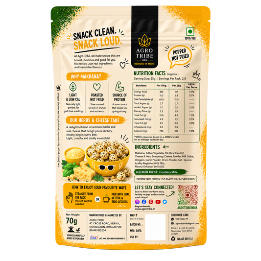 Agro Tribe Herbs and Cheese Makhana 70g back pouch