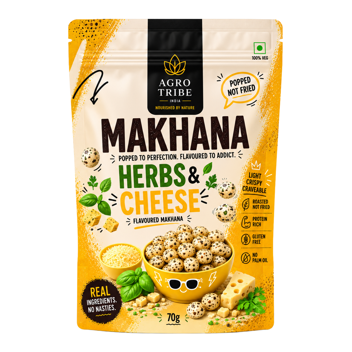 Agro Tribe Herbs and Cheese Makhana 70g front pouch