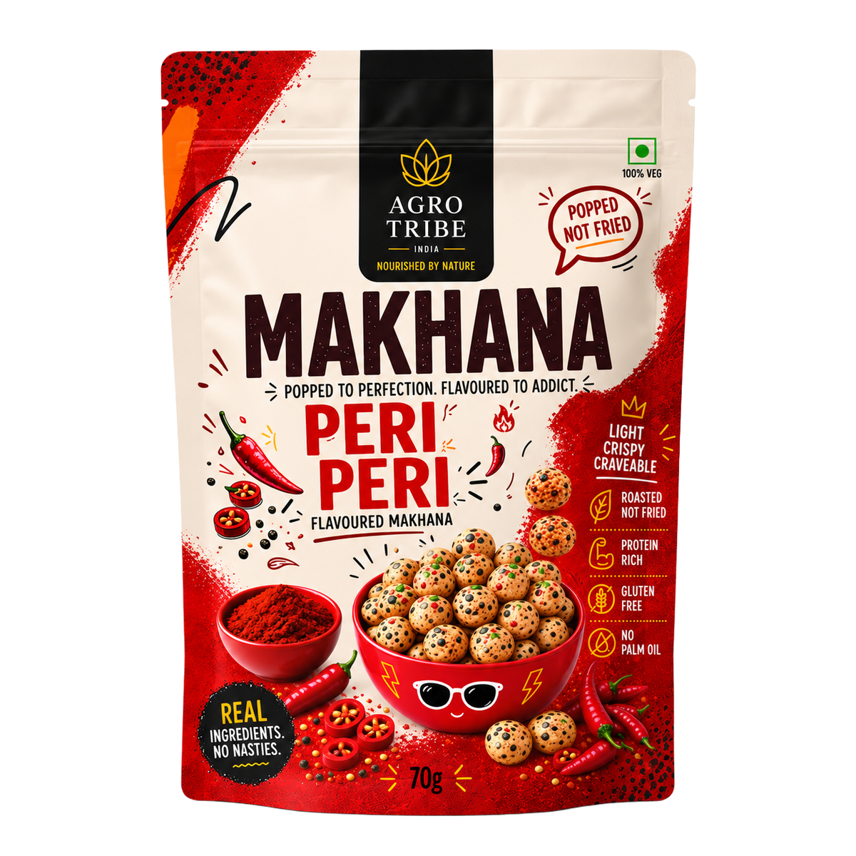 Agro Tribe Peri Peri Makhana 70g front pouch