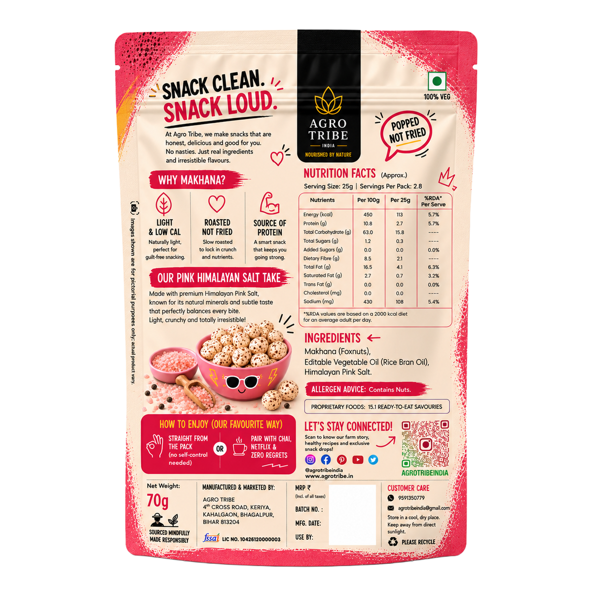 Agro Tribe Pink Himalayan Salt Makhana 70g back pouch
